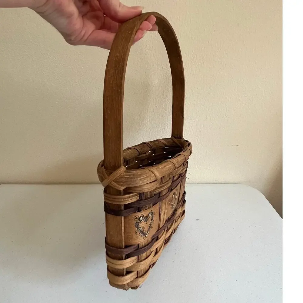 Vintage Brown Woven Bamboo Basket Heart Motif High Handle Cottagecore Folk Art